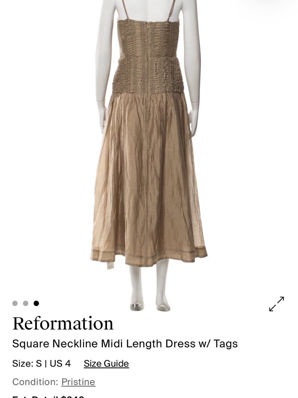 Reformation Azure Dress Gold-Taupe Smocked Midi Skirt Dress